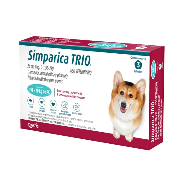 SIMPARICA TRIO 24 MG 1 X 3TABS  AZUL 10 -20 KG